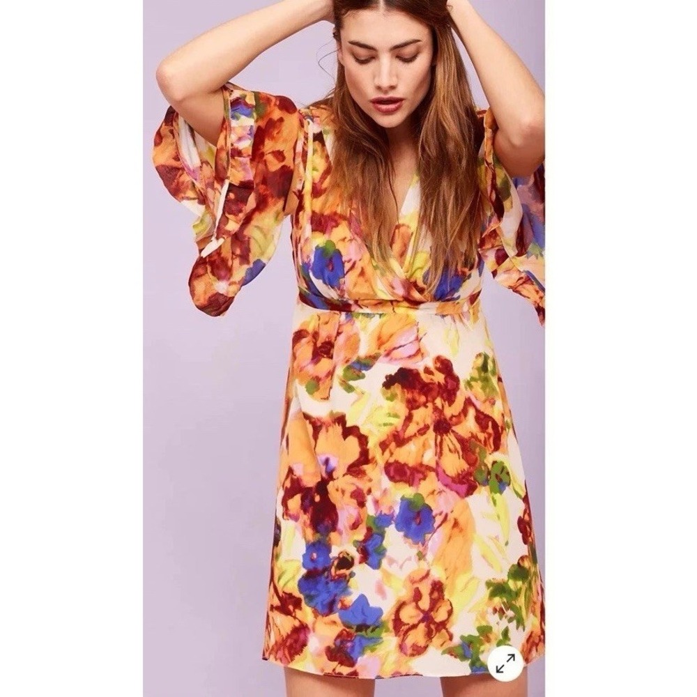 Anthropologie Maeve Jaida 100% Silk Kimono Dress Womens 2 Watercolor Floral Mini